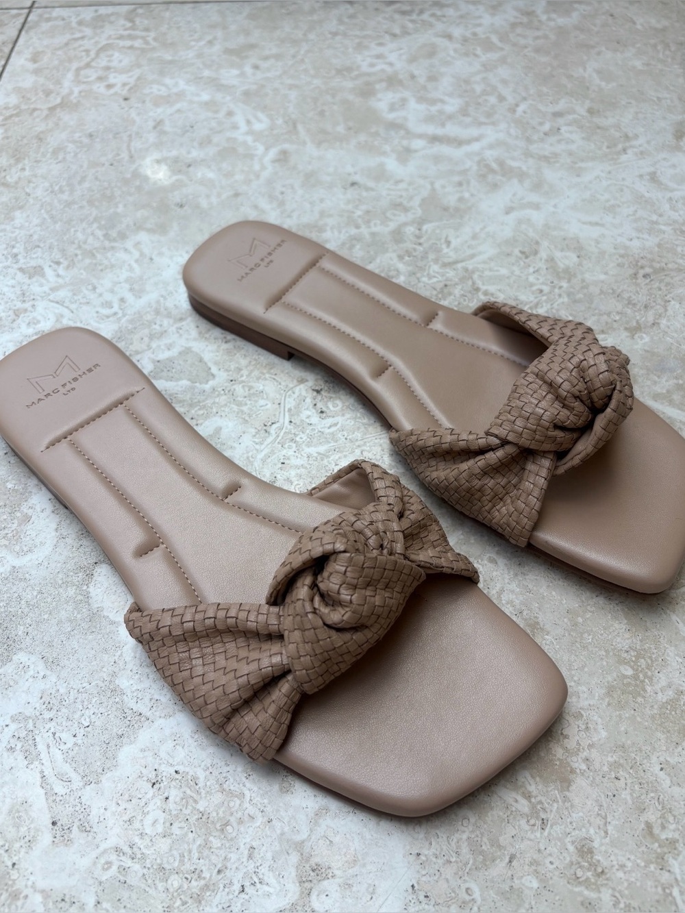 Marc Fisher Woven Knot Slide Sandals in Beige